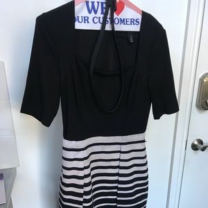 3/4 Sleeve Black and White Stripe Dress with Belt